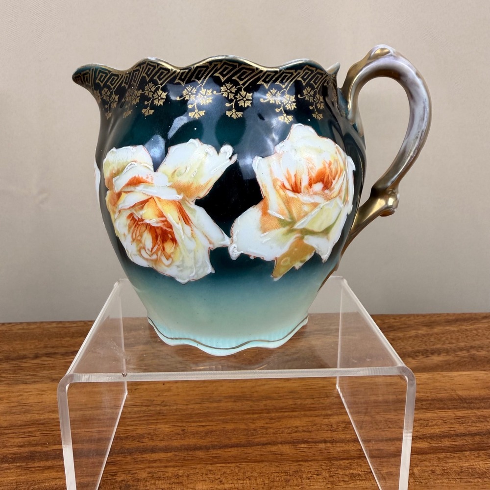 Z.S. & Co Bavaria Antique Hand Painted Creamer Teal Gold Gilt Roses German China